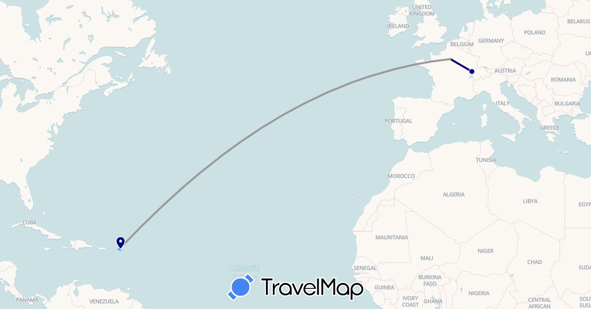 TravelMap itinerary: driving, plane, boat in Saint Barthélemy, France, Saint Martin, Netherlands (Europe, North America)